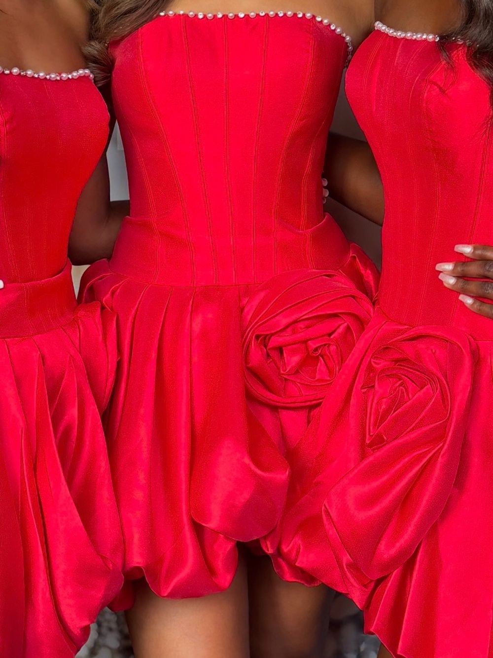 Sherri Hill Red Strapless Pearl-Trim Bubble Hem Mini Dress